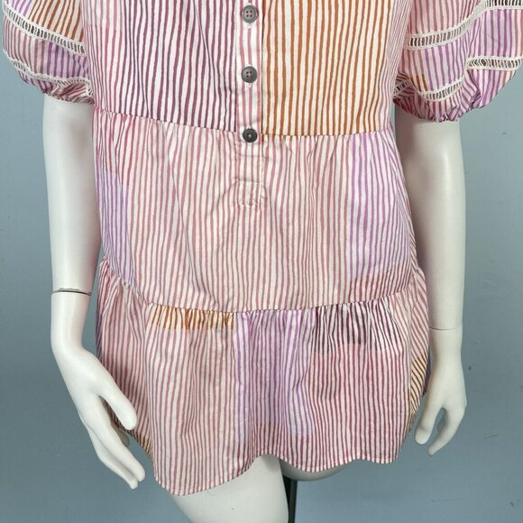 Anthropologie Maeve Gable Tiered Tunic Square Neck Puff Sleeves Top Pink -Small - Picture 4 of 15